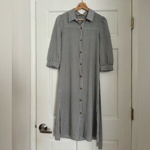Monteau Striped Gray Buttoned Slit Dress with Notched Collar
